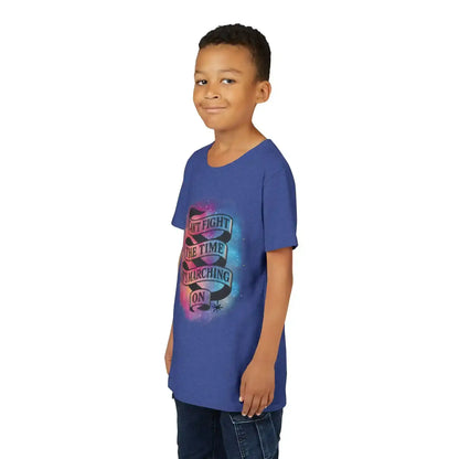 Child modeling blue Cady Creations graphic tee with 'Can't fight the time, it's marching on' design