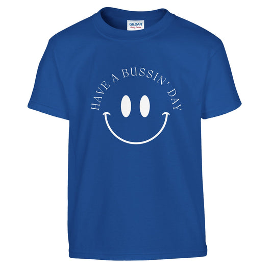 Gen Z Inspired "Have a Bussin' Day" Graphic Tee with smiley face design.