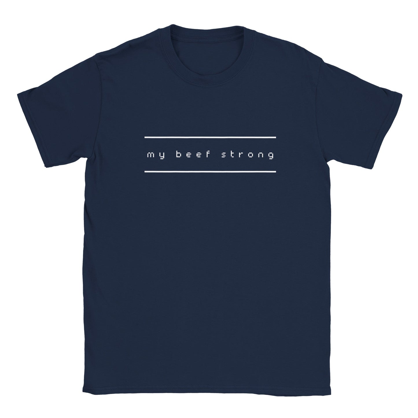 Navy blue graphic tee with "My Beef Strong" text in white.