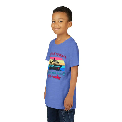 Smiling boy in blue graphic tee with cruise ship design, Cady Creations apparel