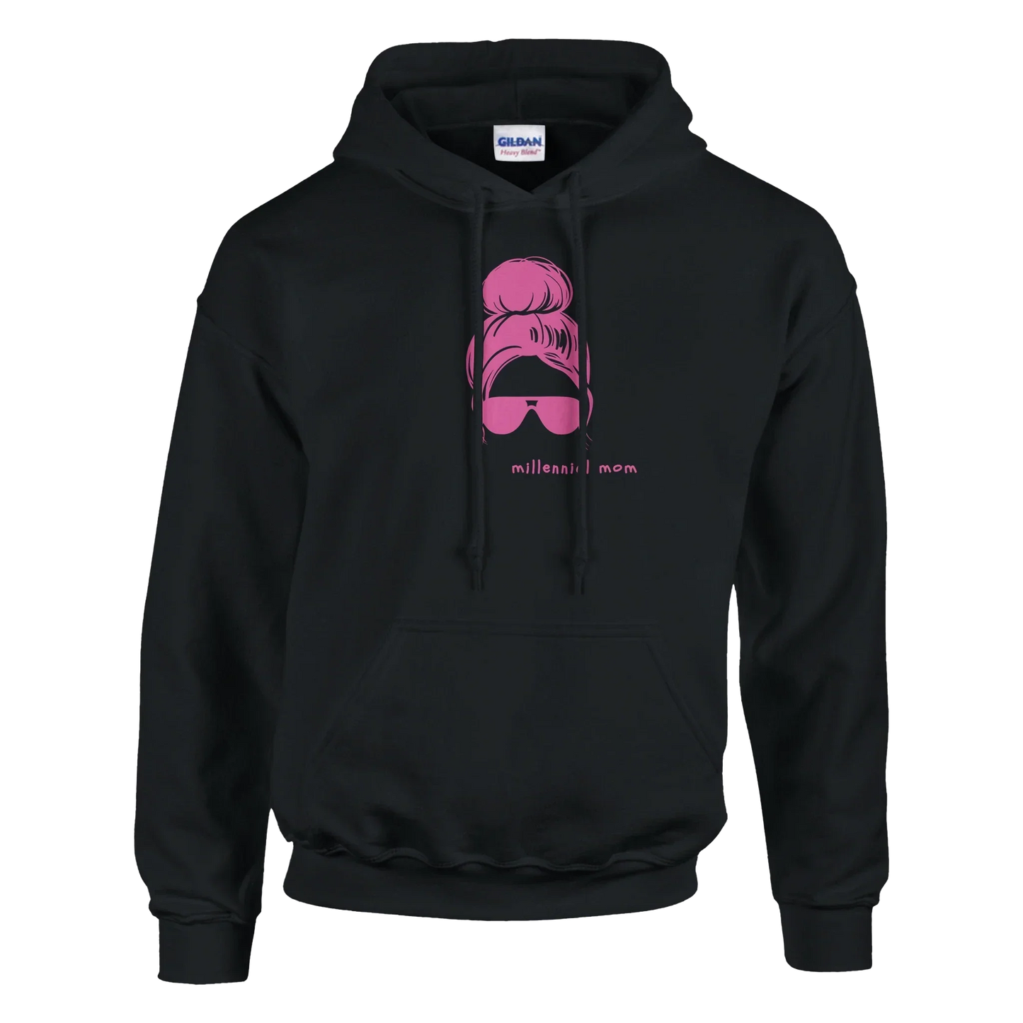 Millennial Mom hoodie with pink graphic on black pullover.