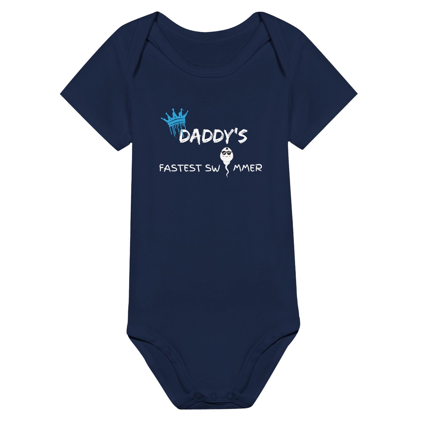 Navy baby onesie with "Daddy's Fastest Swimmer" text and playful design.