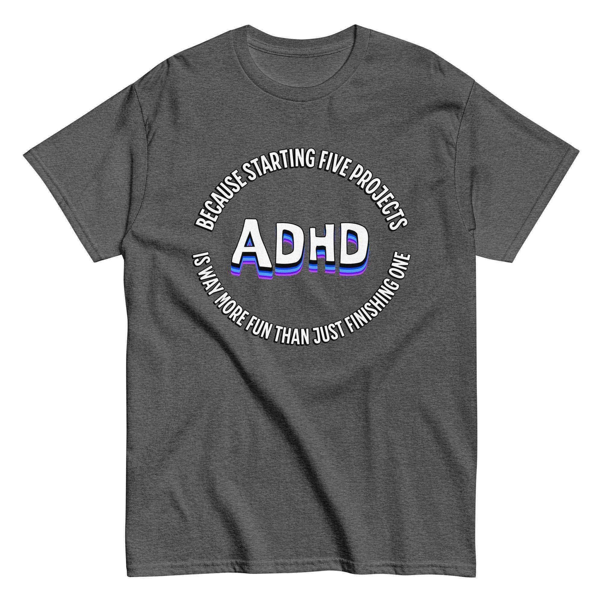 Dark heather unisex graphic tee with 'ADHD' and humorous text, Cady Creations design
