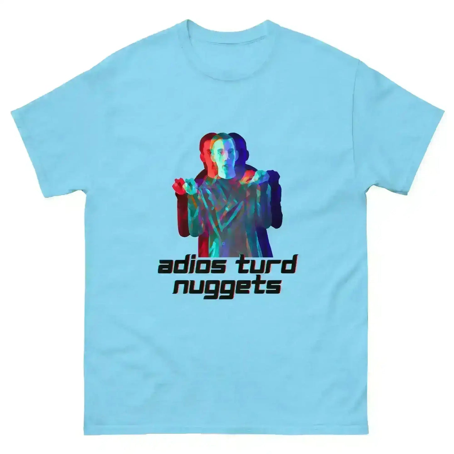 Light blue graphic tee with colorful pop culture character and 'adios turd nuggets' text, Cady Creations