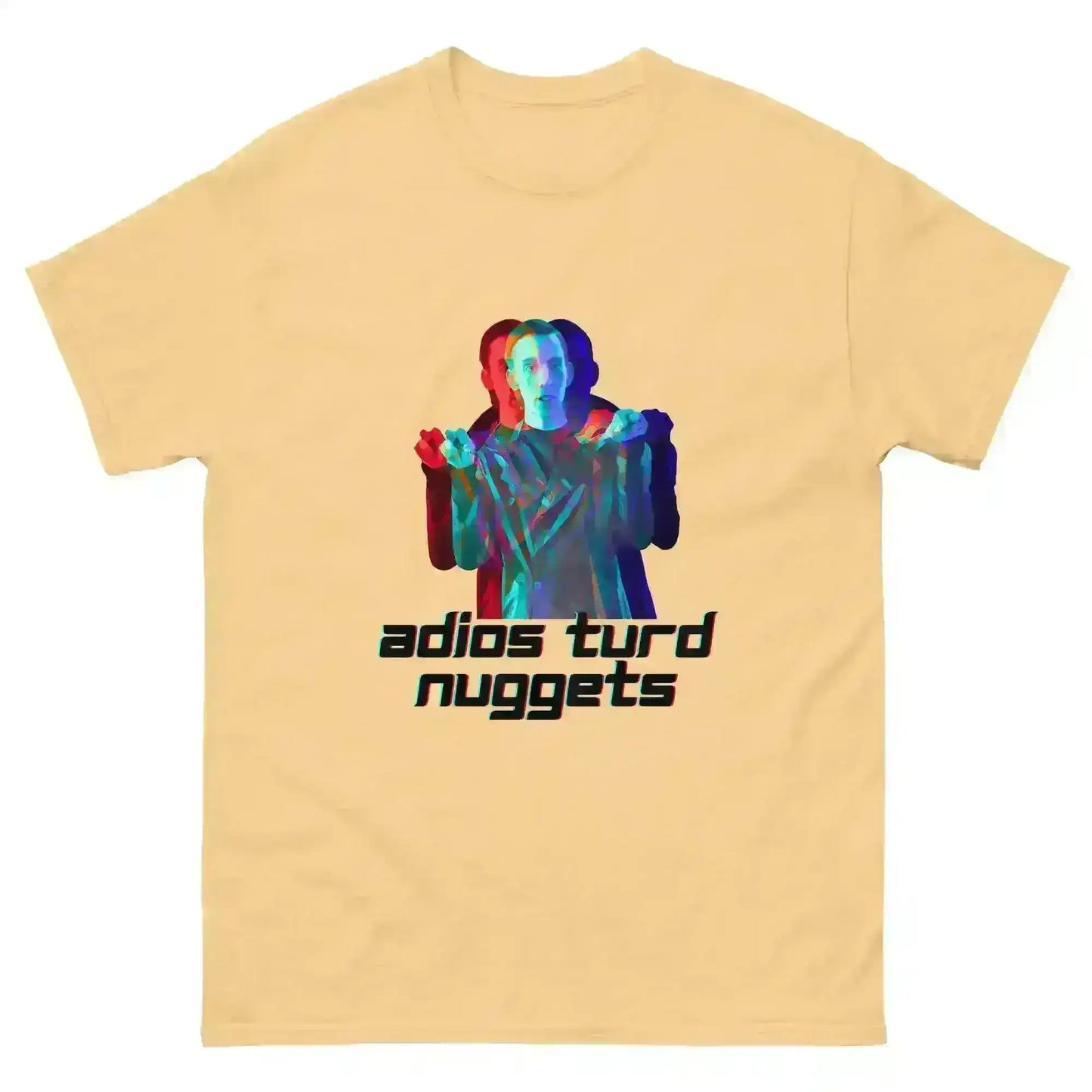 Beige unisex graphic tee with trippy pop culture design and 'adios turd nuggets' text