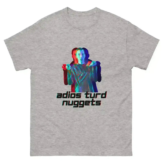 Grey unisex tee with colorful glitch-effect figure and 'adios turd nuggets' text, Cady Creations