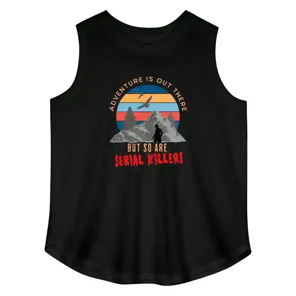 Black graphic tank top with mountain sunset, hiker, and humorous true crime text.