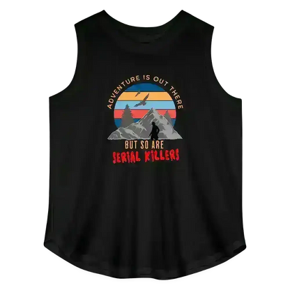 Black graphic tank top with mountain sunset, hiker, and humorous true crime text.