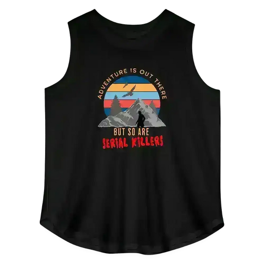 Black graphic tank top with mountain sunset, hiker, and humorous true crime text.