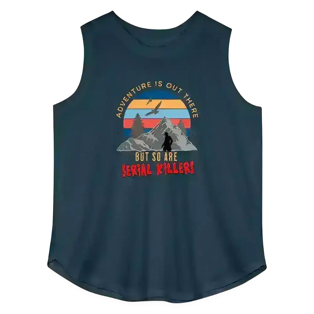 Navy tank top with mountains, sunset, and humorous adventure and true crime text design.