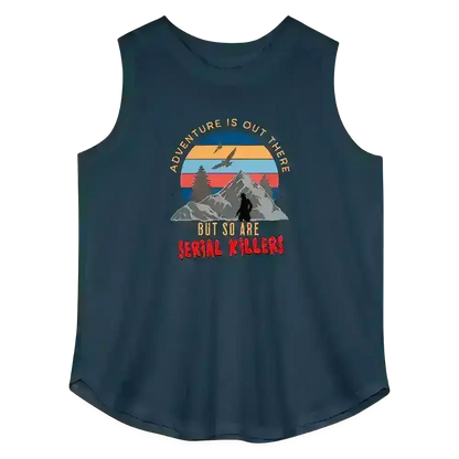 Navy tank top with mountains, sunset, and humorous adventure and true crime text design.