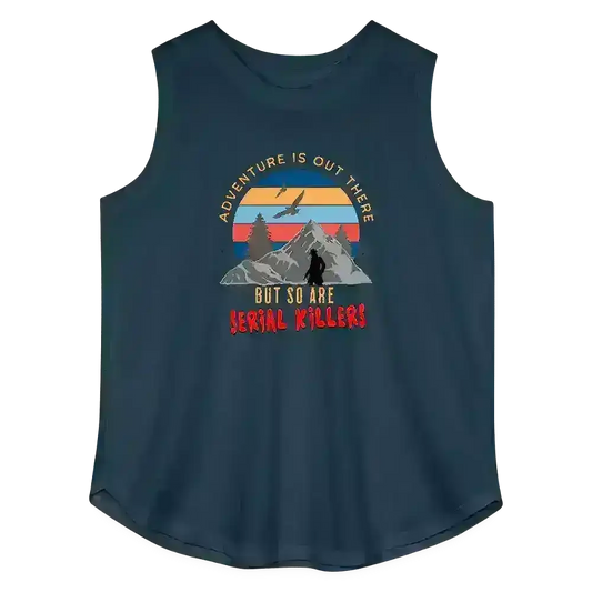Navy tank top with mountains, sunset, and humorous adventure and true crime text design.