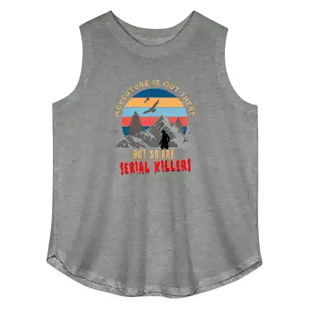 Grey muscle tank with mountains, trees, sunset, and humorous dark humor text graphic from Cady Creations.