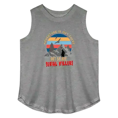 Grey muscle tank with mountains, trees, sunset, and humorous dark humor text graphic from Cady Creations.