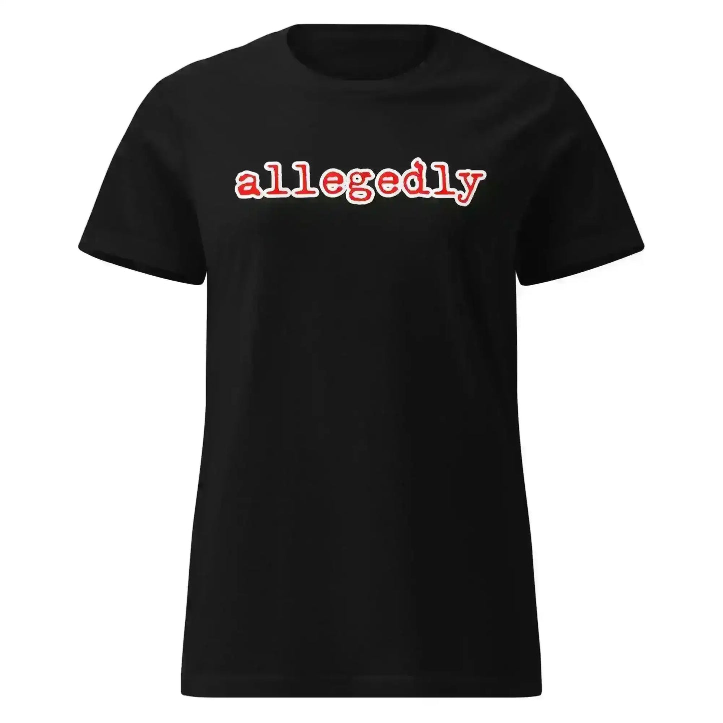 Black graphic tee with 'allegedly' in bold white and red font, Cady Creations true crime humor shirt