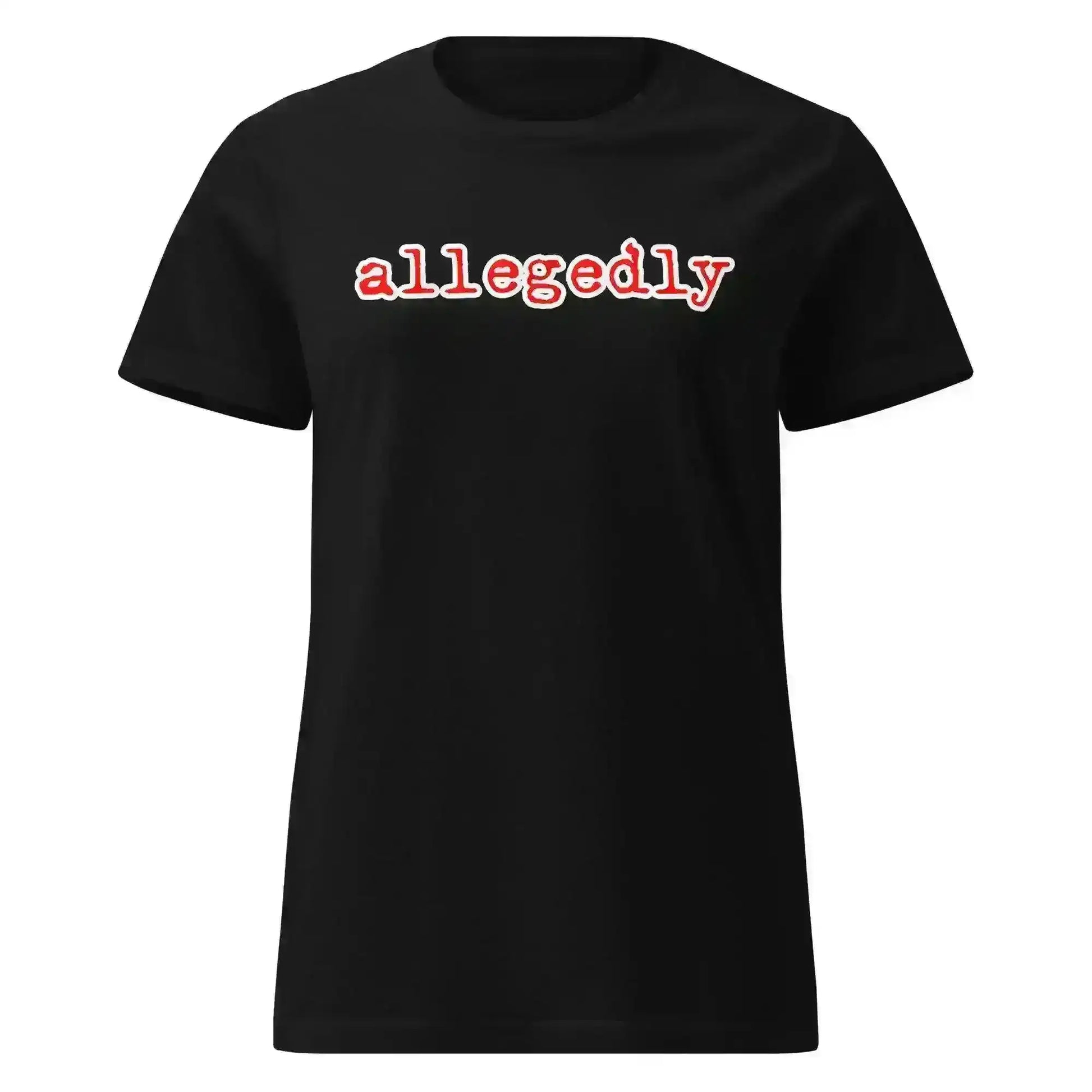 Black graphic tee with 'allegedly' in bold white and red font, Cady Creations true crime humor shirt