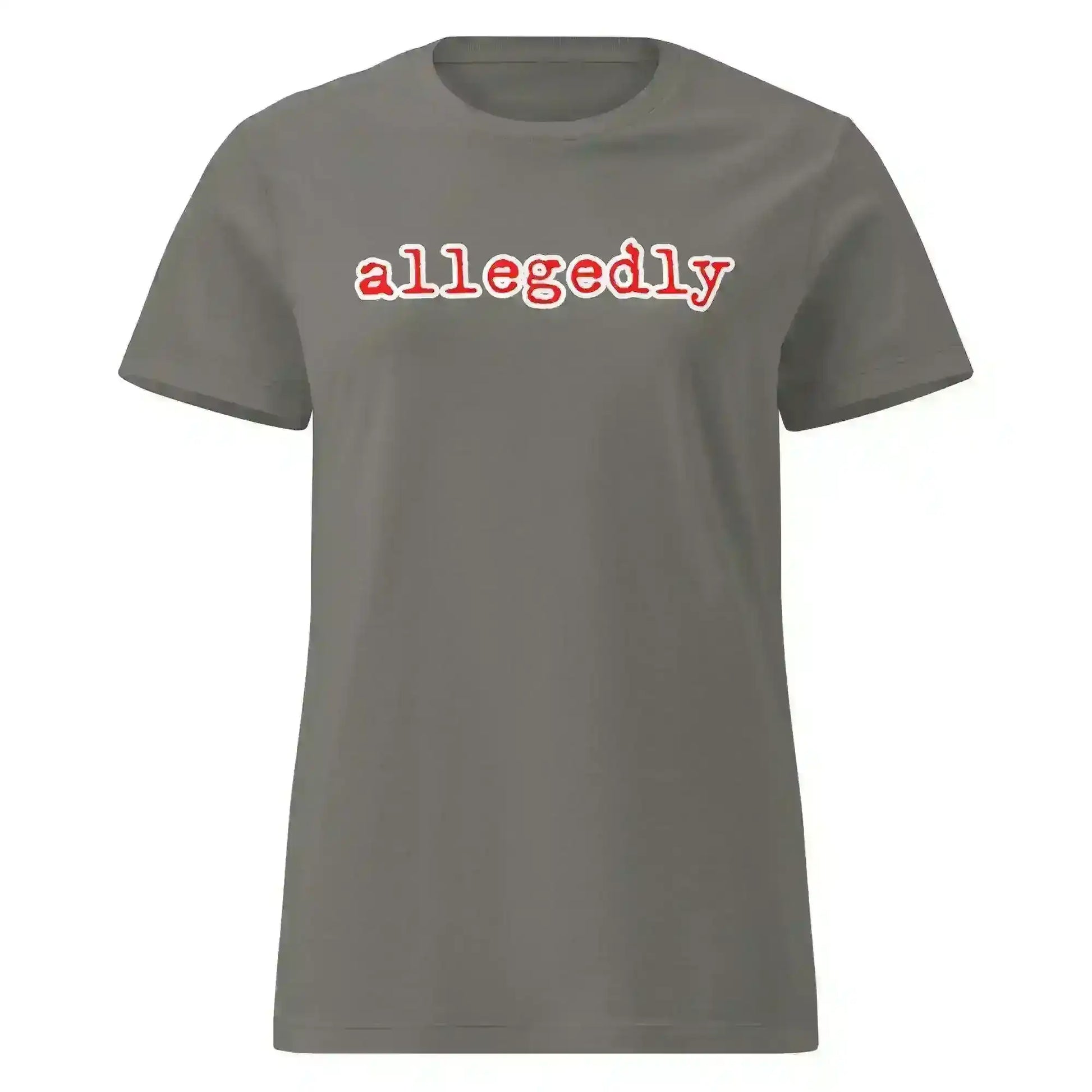 Gray fitted t-shirt with 'allegedly' printed in red and white, Cady Creations true crime tee