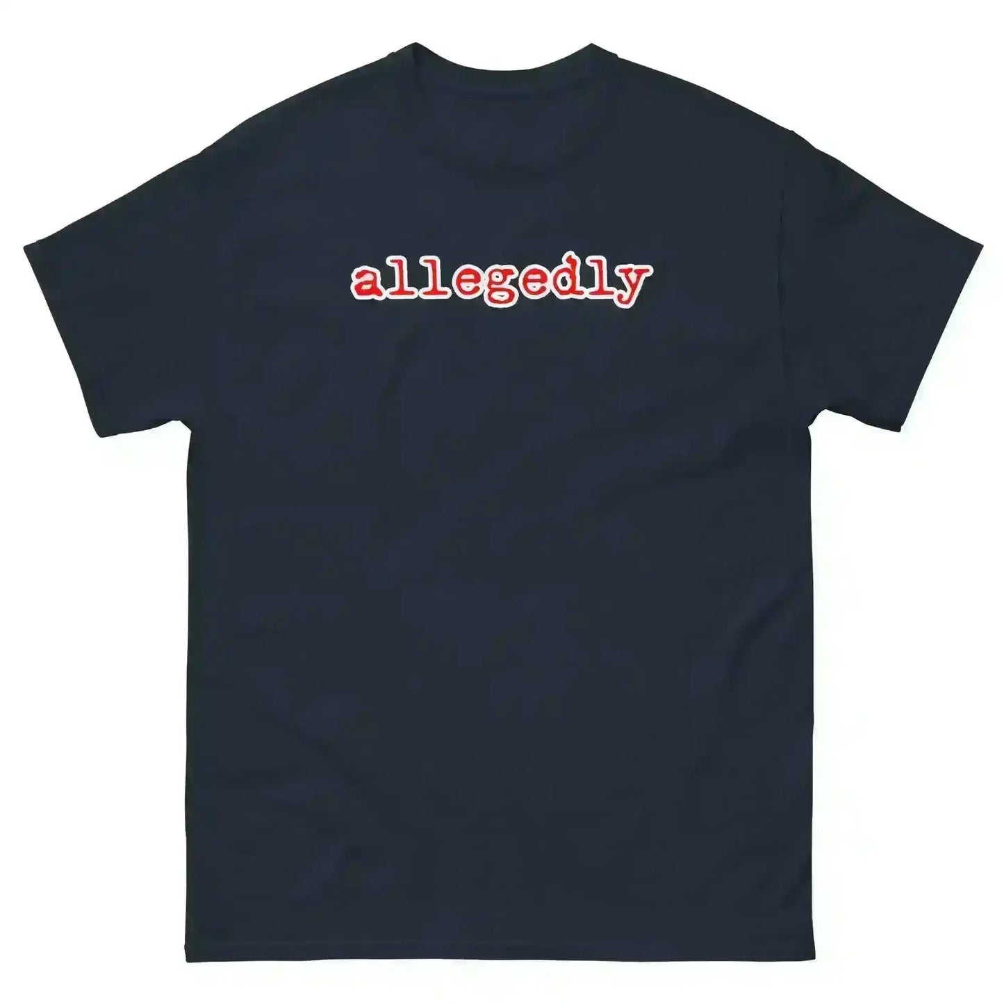 Navy unisex tee with 'allegedly' in bold red and white text, Cady Creations true crime shirt.