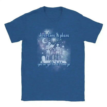 Blue unisex graphic tee with skeletons, stars, moon, and 'let 'em go' text by Cady Creations