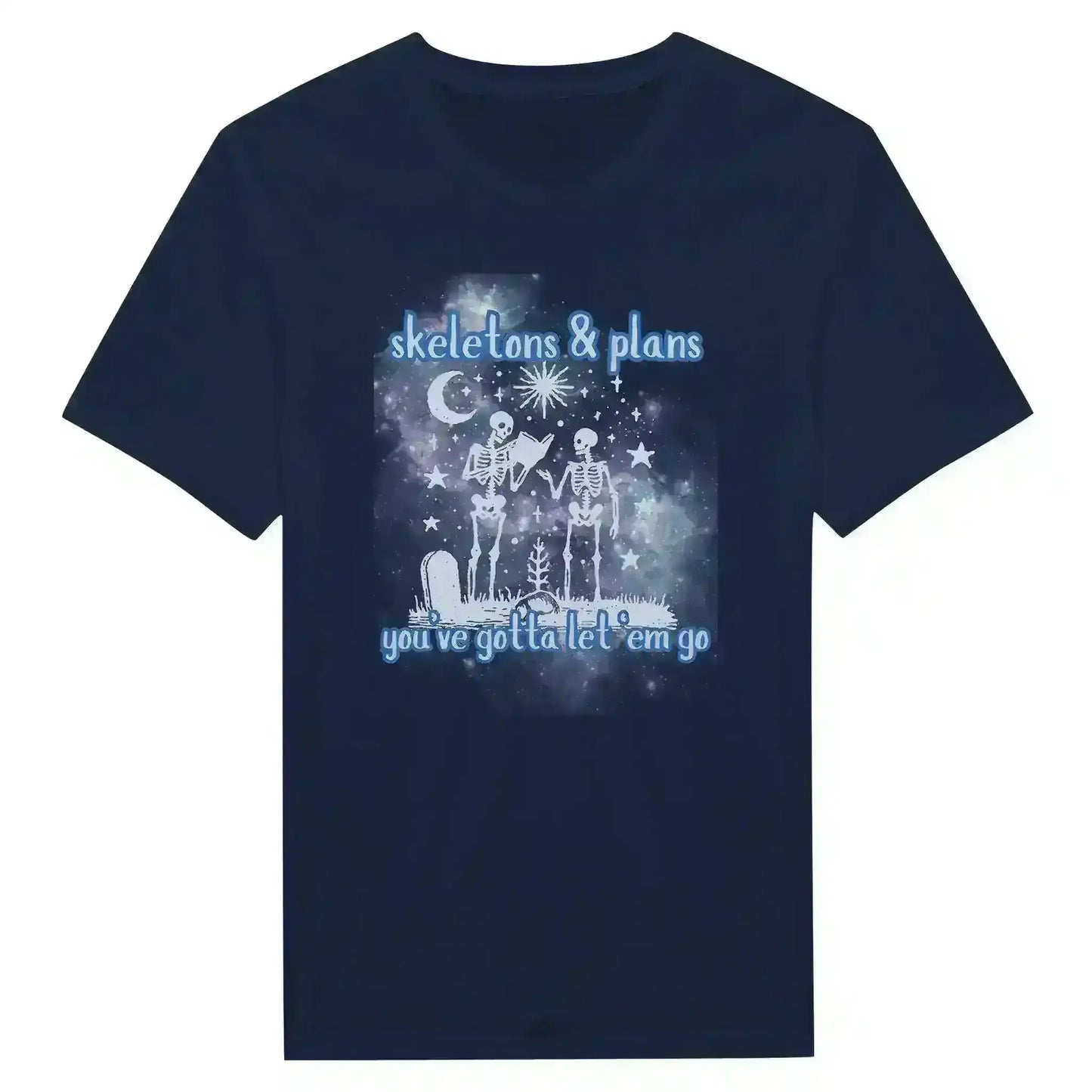 Navy graphic tee with skeletons, celestial designs, and text 'skeletons & plans you’ve gotta let ‘em go'