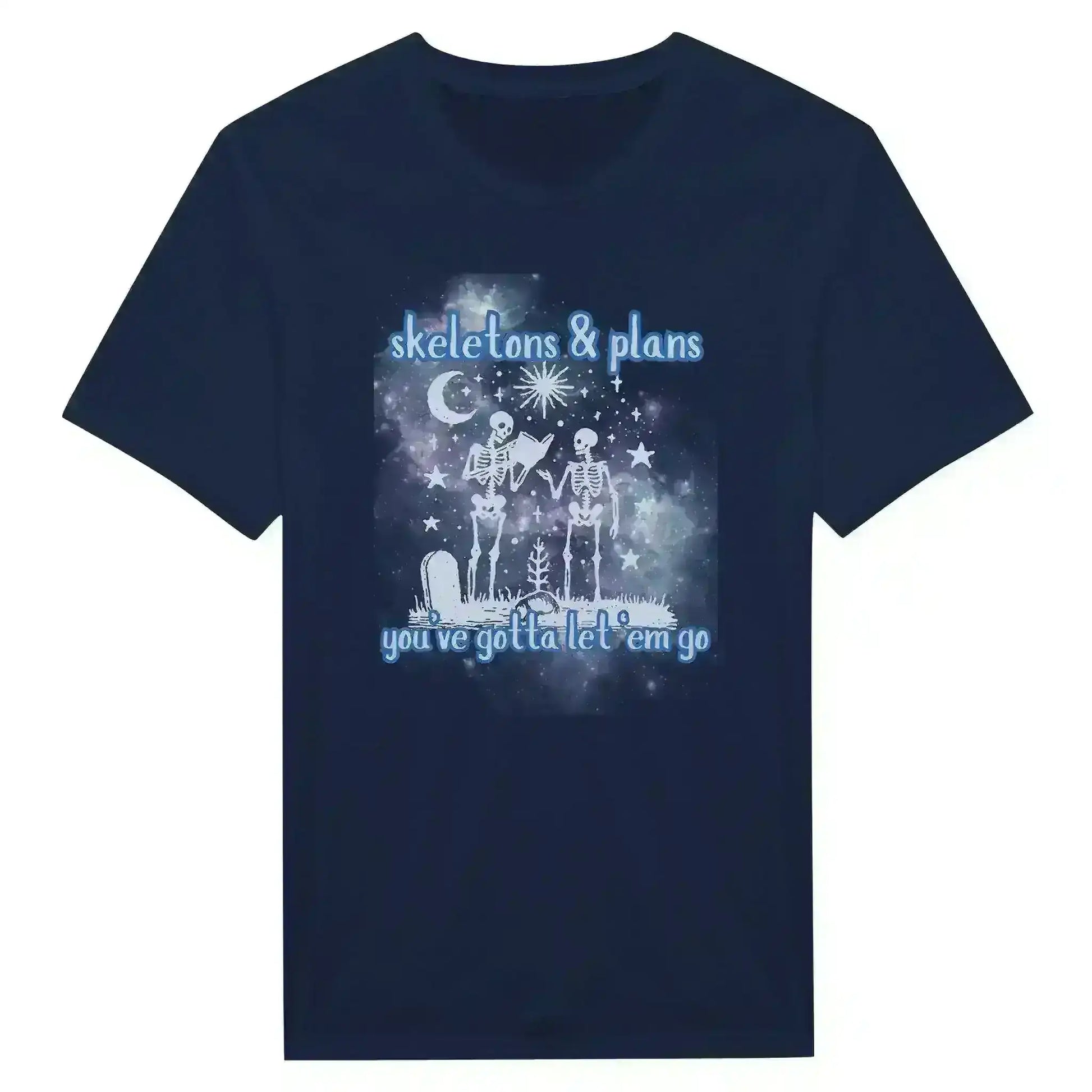 Navy graphic tee with skeletons, celestial designs, and text 'skeletons & plans you’ve gotta let ‘em go'