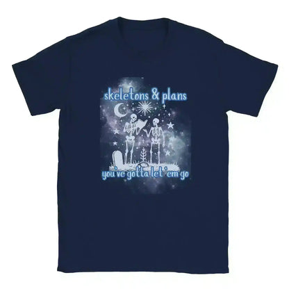 Unisex navy graphic tee with white skeletons, moon, stars, and text 'skeletons & plans you've gotta let 'em go' by Cady Creations.