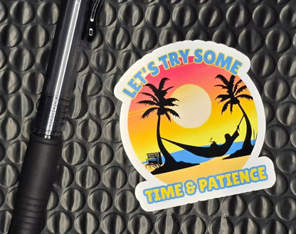 Beach sunset sticker with palm trees, hammock and 'LET'S TRY SOME TIME & PATIENCE' text