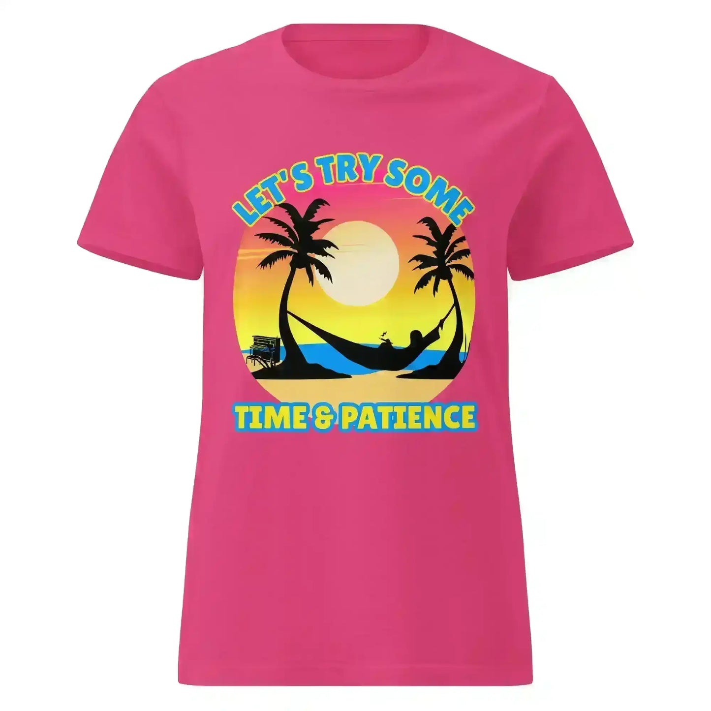 Pink graphic tee with sunset, palm trees, hammock, and 'Let's Try Some Time & Patience' text from Cady Creations.