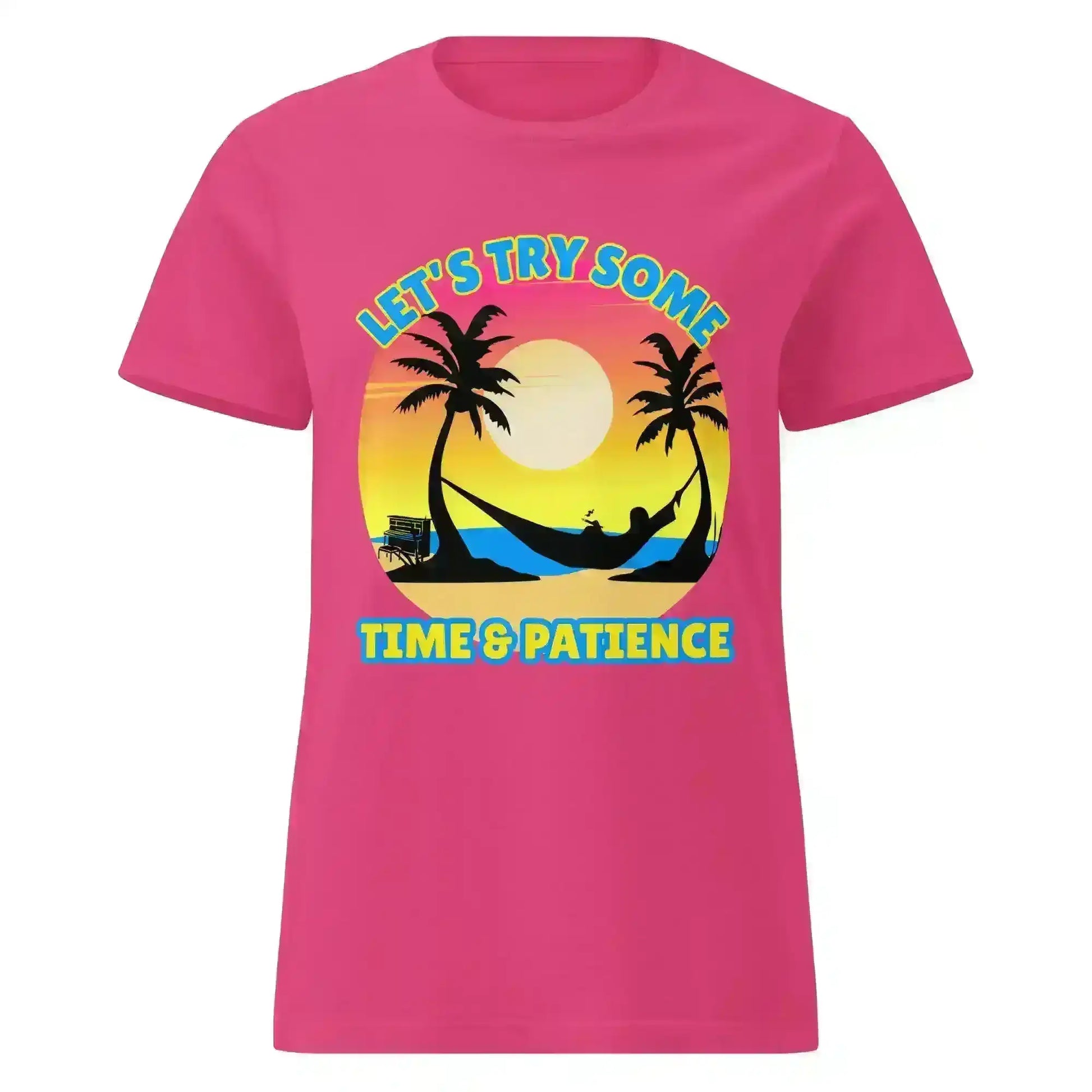 Pink graphic tee with sunset, palm trees, hammock, and 'Let's Try Some Time & Patience' text from Cady Creations.