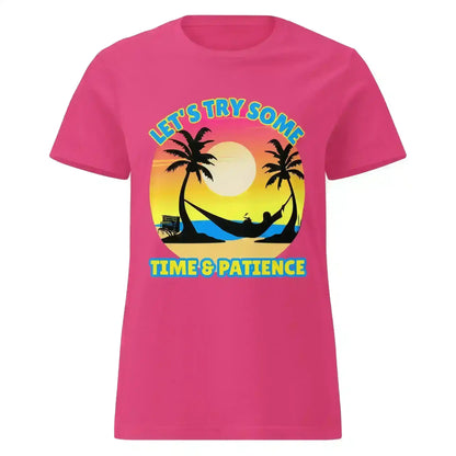Pink graphic tee with sunset, palm trees, hammock, and 'Let's Try Some Time & Patience' text from Cady Creations.