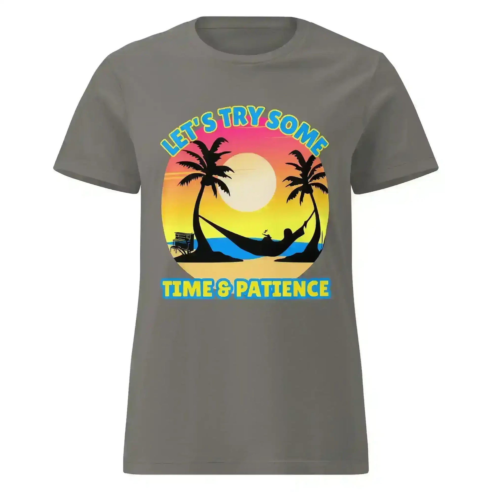 Grey graphic tee with sunset, palm trees, hammock, and 'Let's Try Some Time & Patience' text