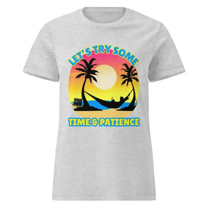 Gray Cady Creations graphic tee with tropical sunset, hammock, palm trees, and 'Time & Patience' text.