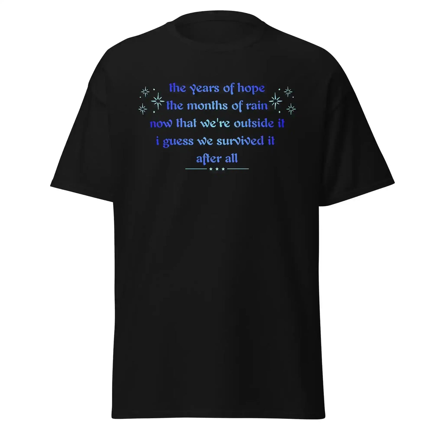 Unisex black graphic tee with blue hopeful text, Cady Creations pop culture shirt.