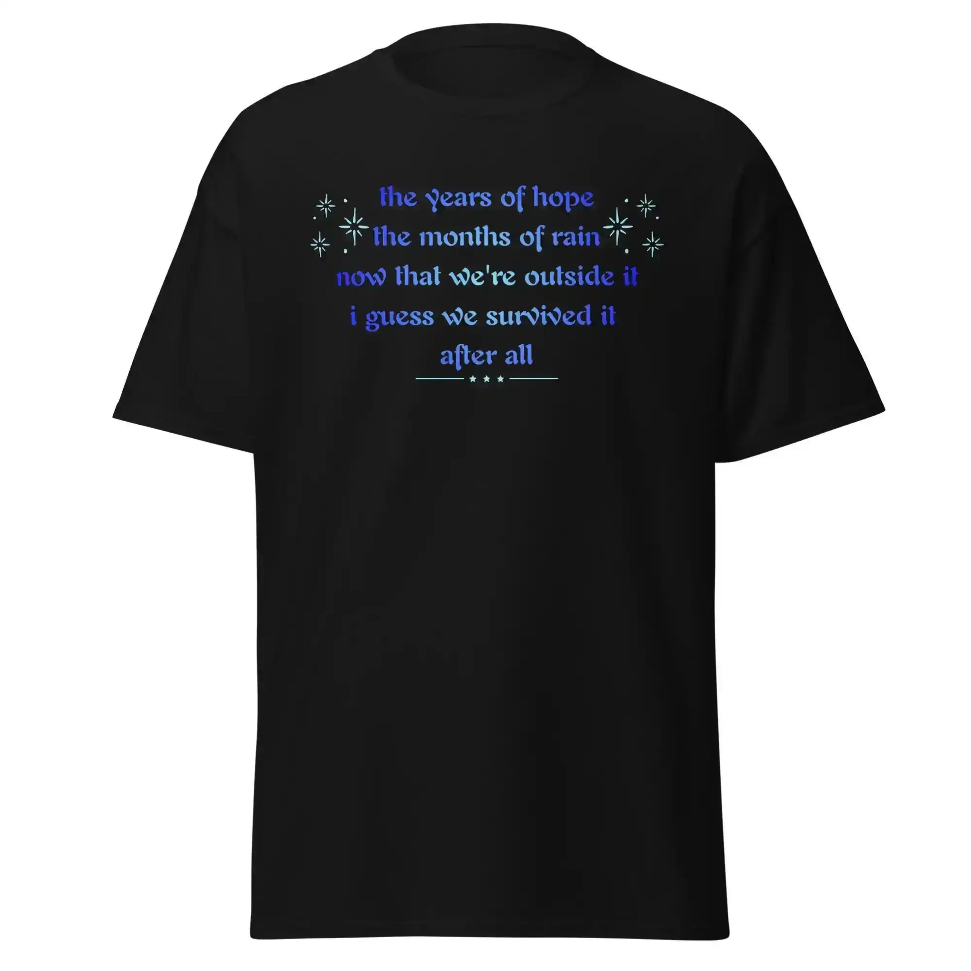 Unisex black graphic tee with blue hopeful text, Cady Creations pop culture shirt.