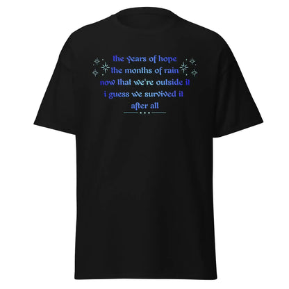 Unisex black graphic tee with blue hopeful text, Cady Creations pop culture shirt.