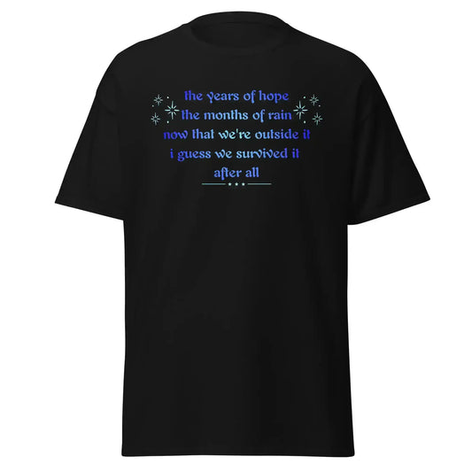 Unisex black graphic tee with blue hopeful text, Cady Creations pop culture shirt.