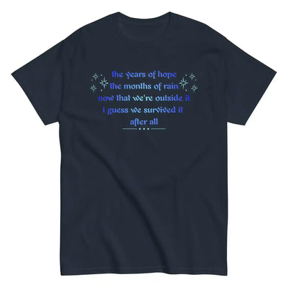 Unisex classic navy tee with poetic blue text and star accents, Cady Creations graphic shirt