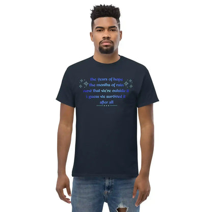 Unisex classic navy graphic tee with inspirational quote, Cady Creations, front view