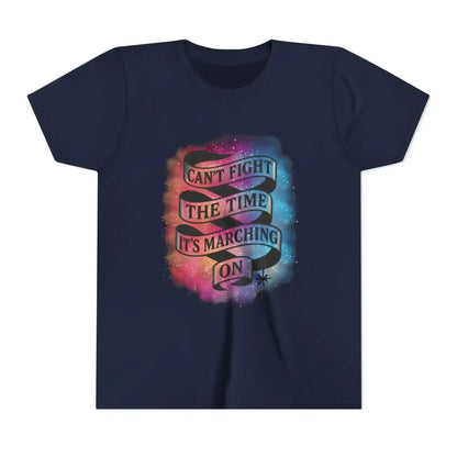 Navy Cady Creations graphic tee with 'Can't Fight The Time, It's Marching On' ribbon design