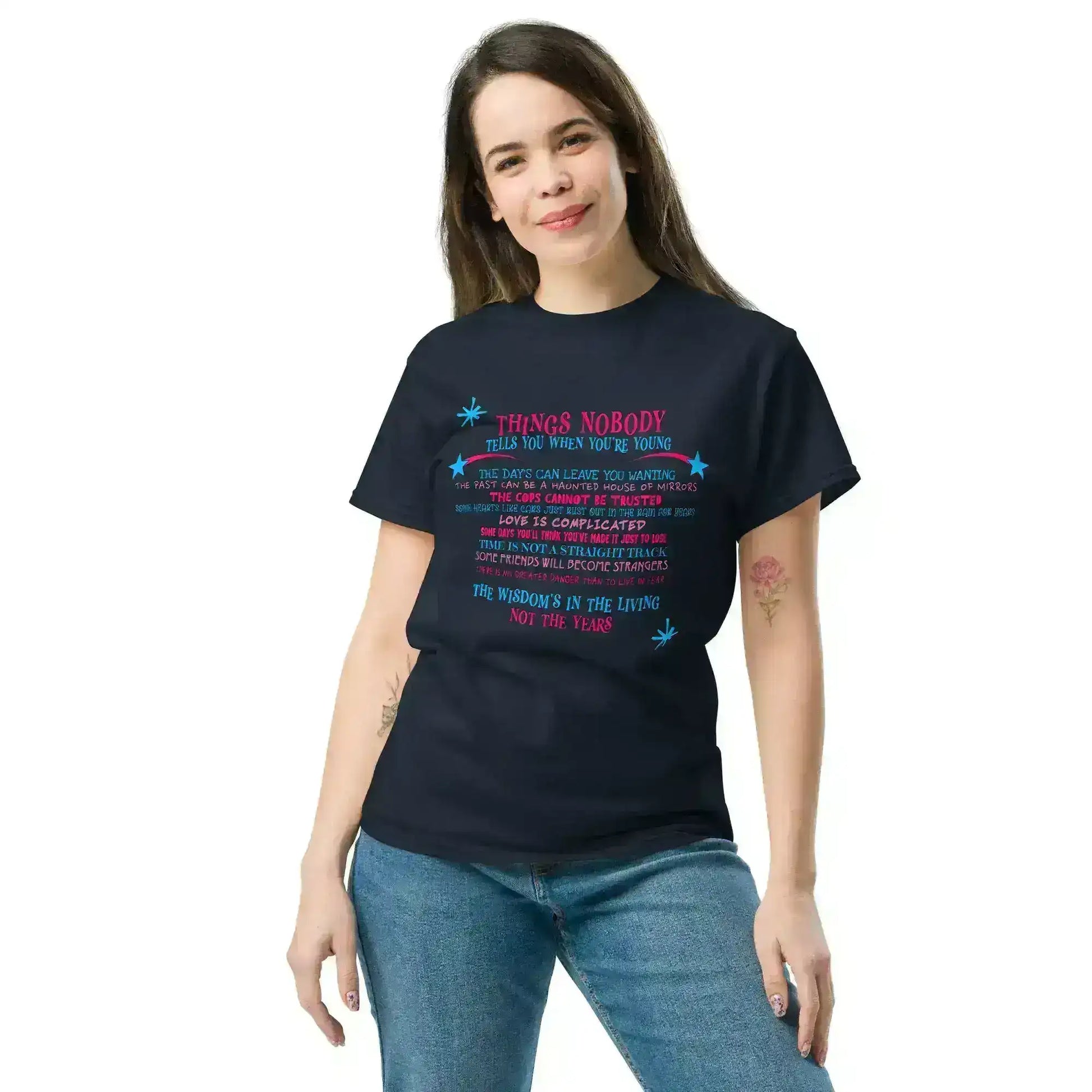 Woman in navy graphic tee with colorful inspirational text, Cady Creations apparel