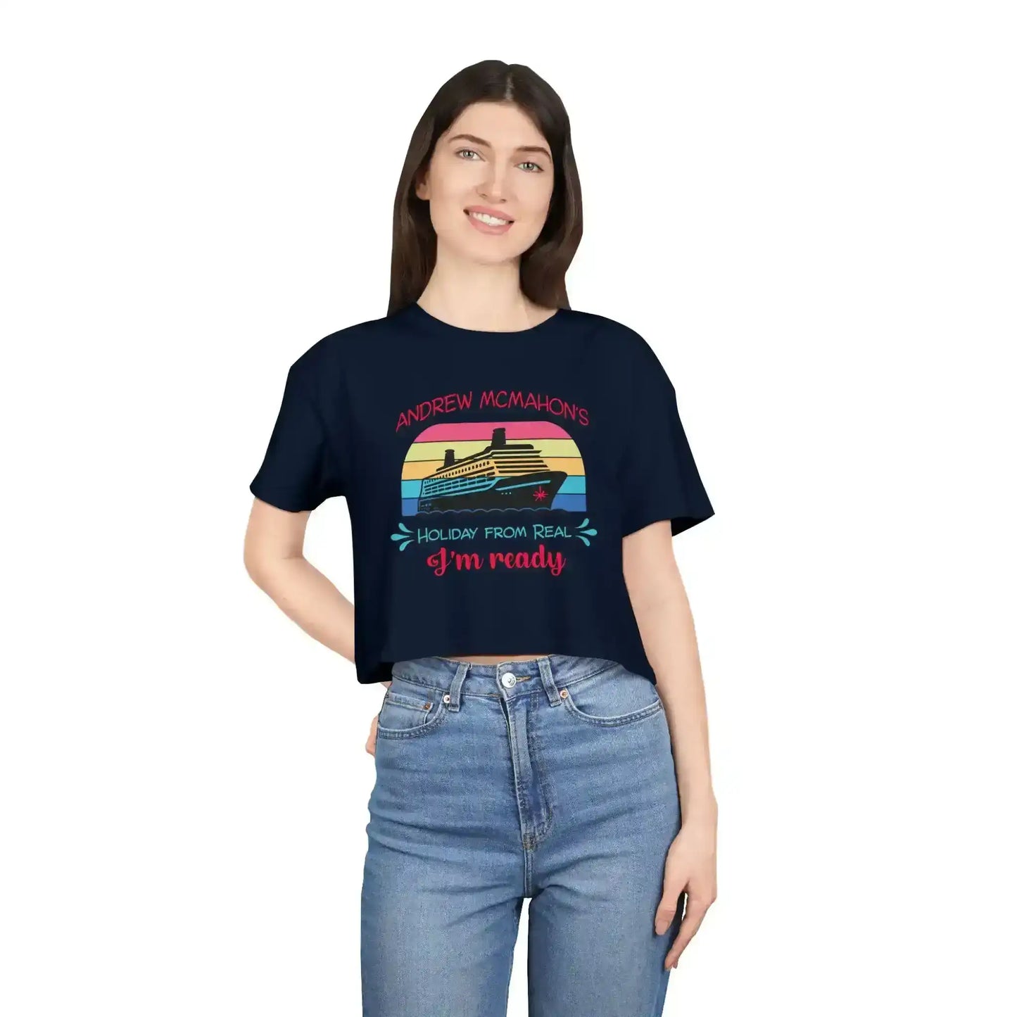 Woman in a navy holiday graphic tee with cruise ship print from Cady Creations