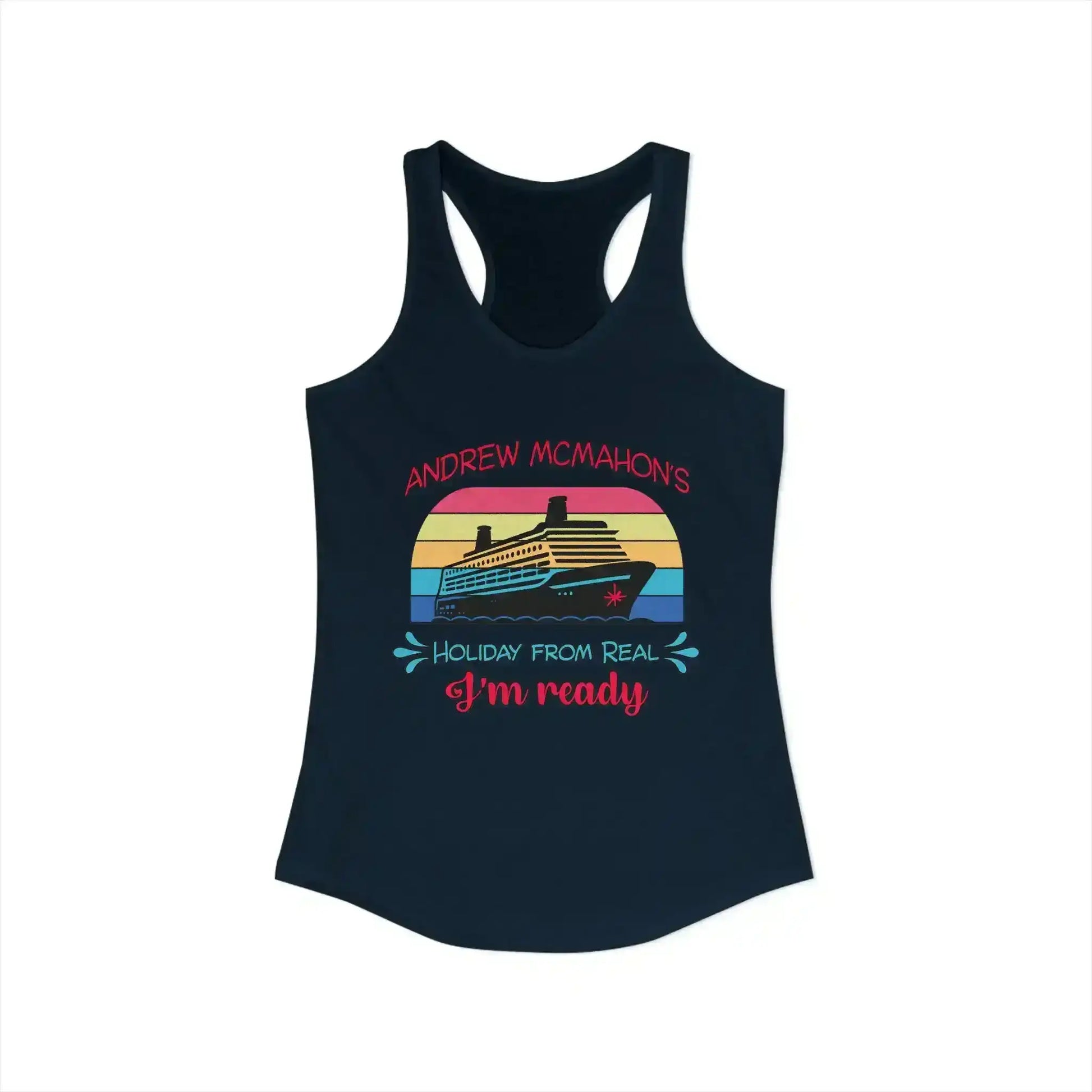 Navy graphic tank top featuring a cruise ship and retro stripes, Holiday from Real design