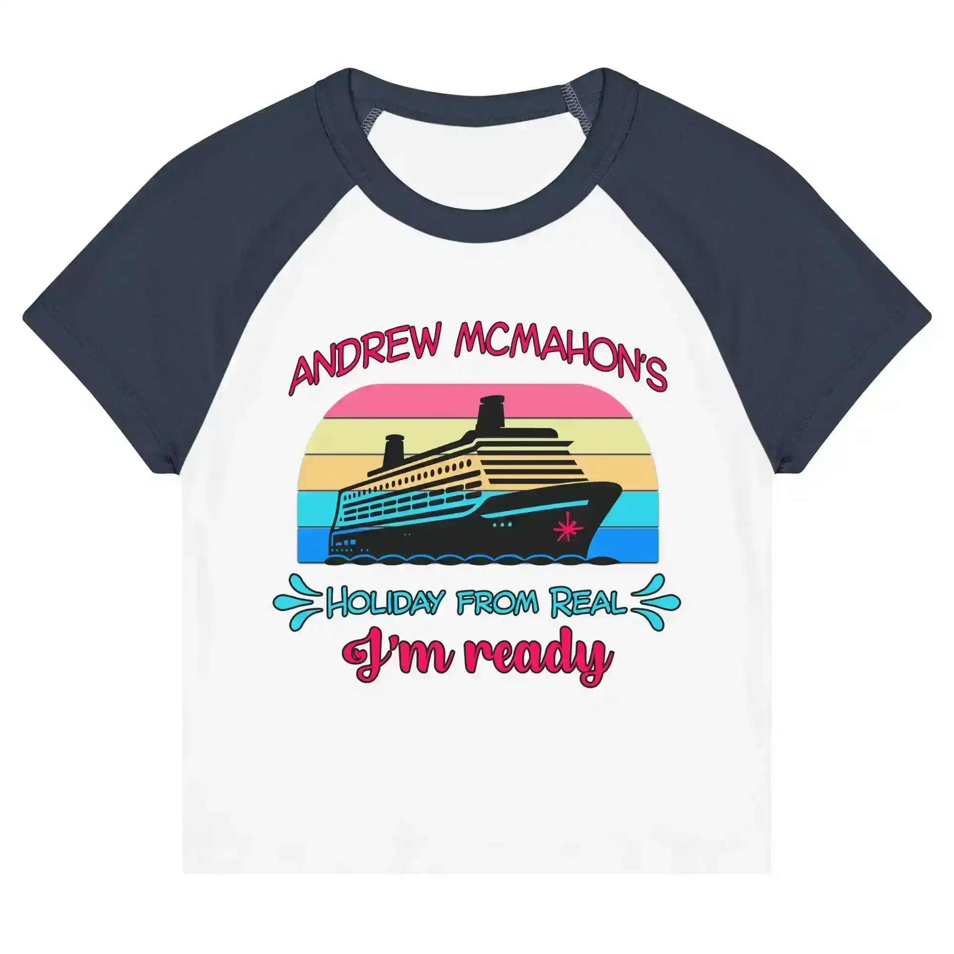 Women's micro rib raglan baby tee in white and navy with cruise ship and colorful 'Holiday from Real' graphic