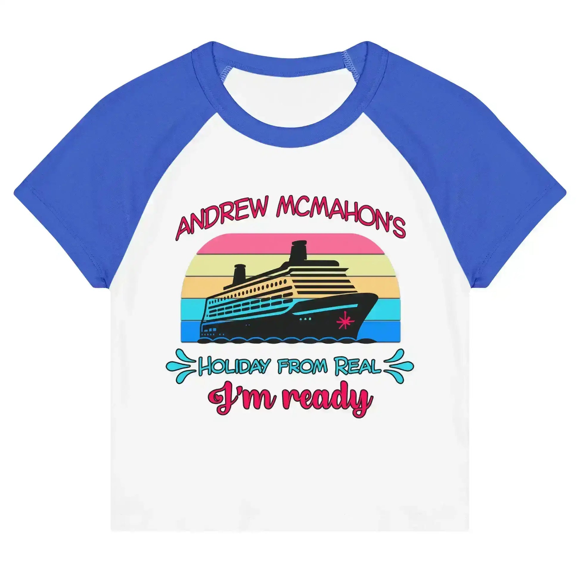 Women's micro rib raglan baby tee in white and true royal, cruise graphic and playful text.