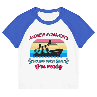 Women's micro rib raglan baby tee in white and true royal, cruise graphic and playful text.