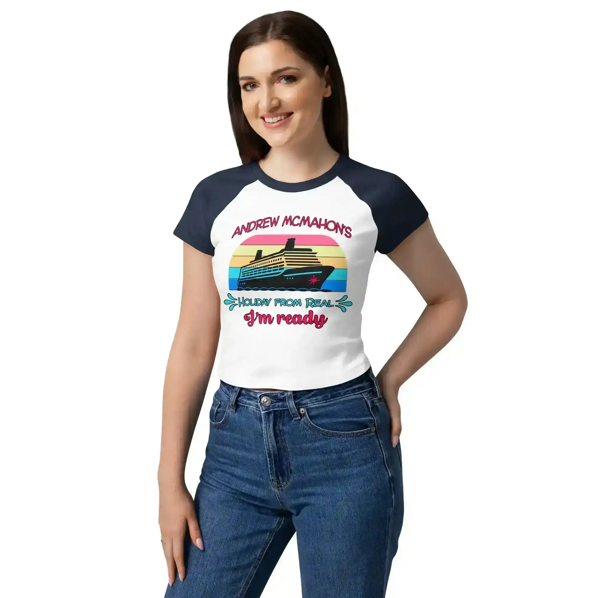 Woman wearing a white and navy micro rib raglan baby tee with cruise graphic and text, Cady Creations