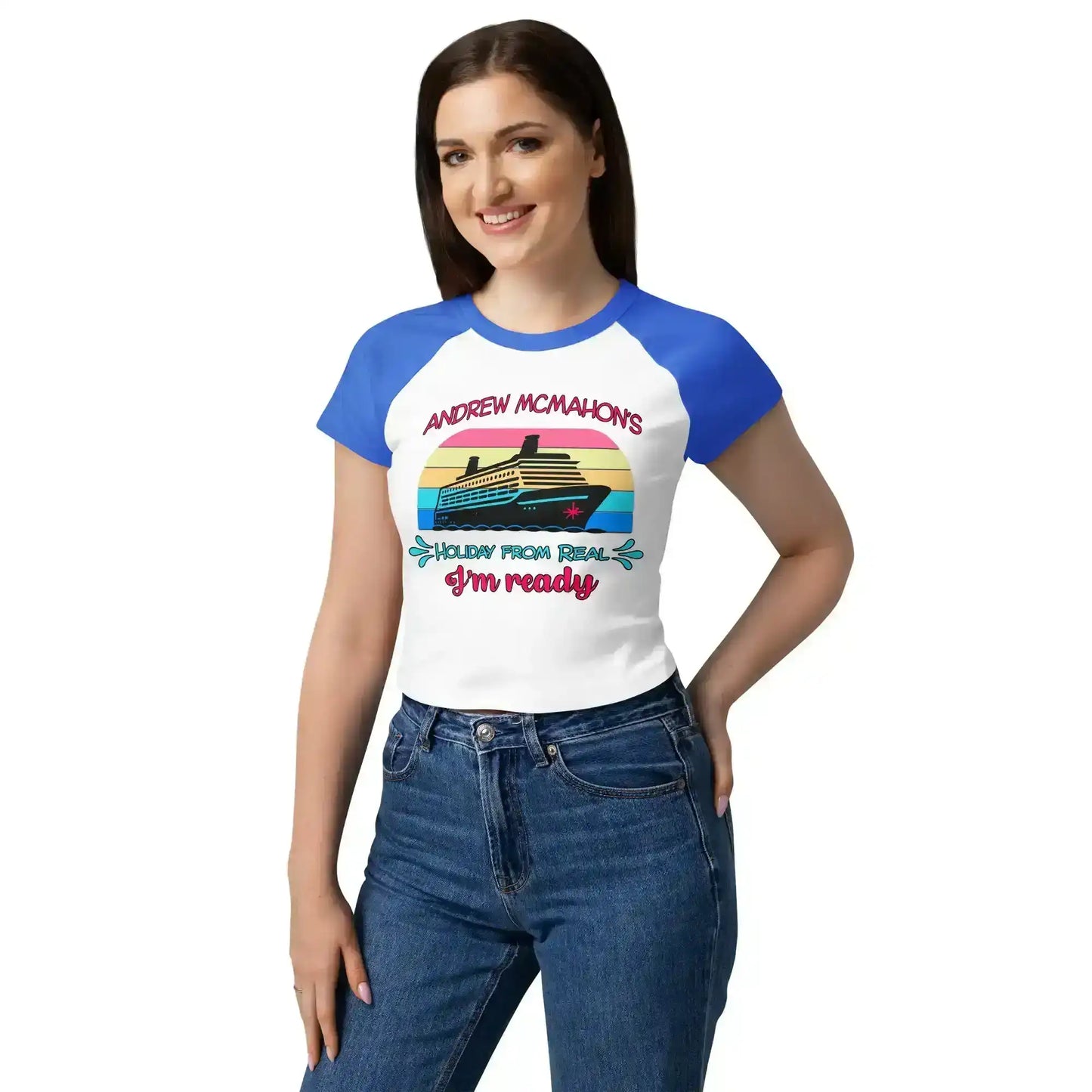 Woman wearing Cady Creations micro rib raglan baby tee with cruise graphic and blue sleeves
