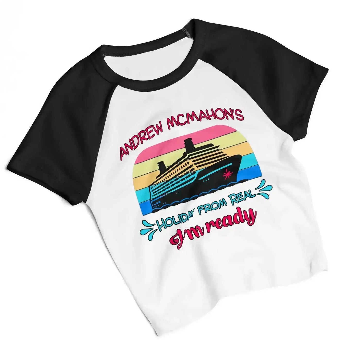 Women's micro rib raglan baby tee in white with black sleeves, cruise ship graphic, Andrew McMahon, Holiday From Real, Cady Creations