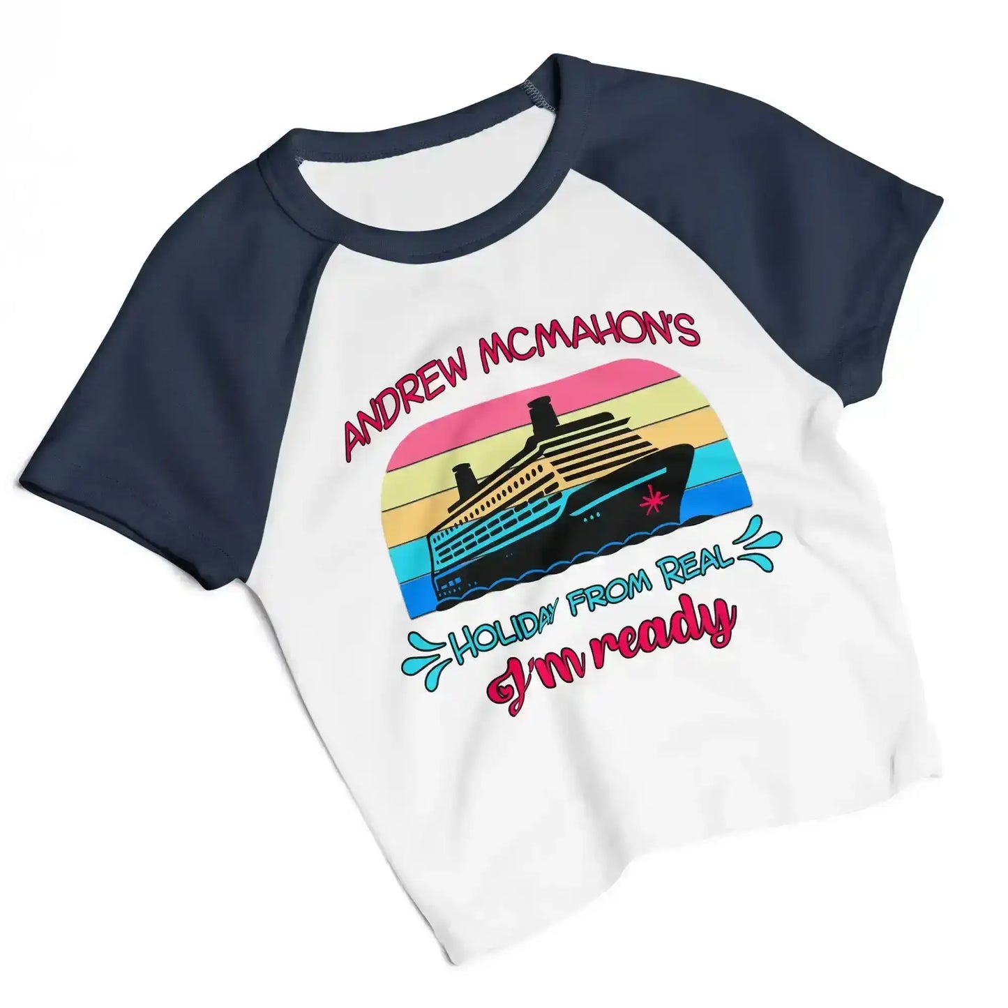 Women's white and navy raglan baby tee with cruise ship and retro graphic text, Cady Creations