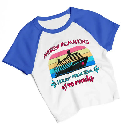 Women's white and blue raglan baby tee with cruise ship and retro stripes graphic, Cady Creations
